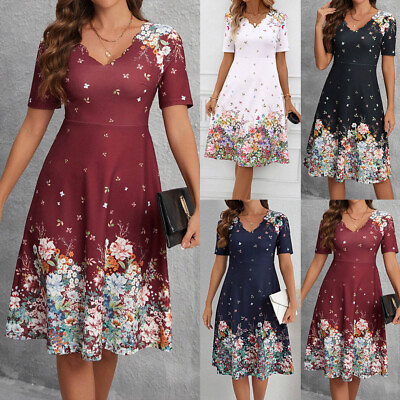 #ad Women V Neck Floral Midi Dress Ladies Evening Cocktail Holiday Swing Party Dress $21.39