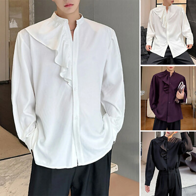 #ad INCERUN Mens Long Sleeve Buttons Ruffles Casual Solid Tops Party Shirt Blouse $21.84