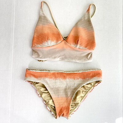 Luli Fama Bikini Womens Reversible Top Bottoms Metallic Gold Shimmer Orange $44.99