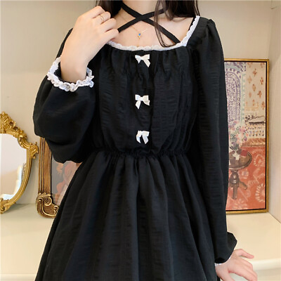 #ad Summer Maid Square Collar Small Black Skirt Long Sleeve Platycodon Dress Girls $39.99