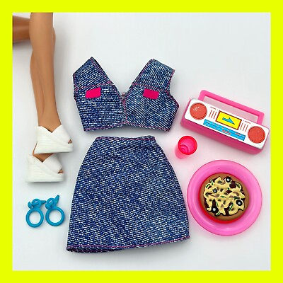 #ad ❤️90’ Barbie Doll Clothes Denim Top amp; Mini Skirt Heels Cassette Player Mattel $12.98