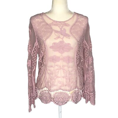 #ad Blair Pink Lace Boho Top Crochet Long Sleeve Sheer Blouse $8.55