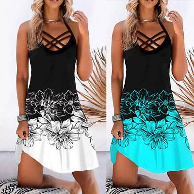 #ad Womens Floral Sleeveless Summer Sundress Ladies Holiday Beach Mini Strappy Dress $15.99