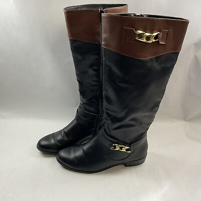 #ad Women#x27;s Black Mid Calf Boots Zippered And Brass Color Size 7.5 Very Clean $24.00