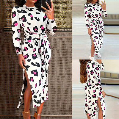 #ad Womens Long Sleeve Printed Split Midi Dress Ladies Belted Party Cocktail Dresses $21.46