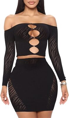 #ad Skirt Sets Women 2 Piece Outfits Sexy Mesh See Through Hollow Out Off Shoulder P $82.15