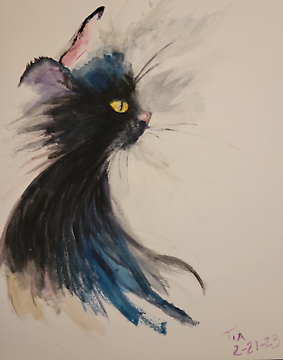 #ad Black Cat in Water Color Original Art by Tia Wilson art painting print $12.99