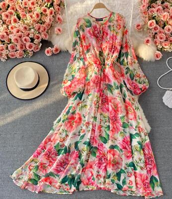 #ad Women#x27;s Summer Flower Print Long Maxi Dress Long Sleeve High Waist Drees Fashion $58.84