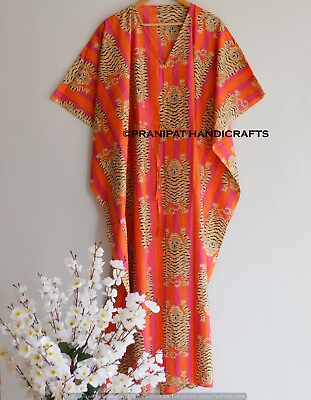 Women Cotton Summer Orange Sleepwear Tibetan Tiger Print Long Maxi Caftan Dress $22.31