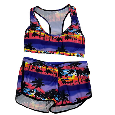 #ad Top Here Womens 2 Piece Sporty Palm Tree Print Boyshorts Swimsuit Bikini Small $14.95