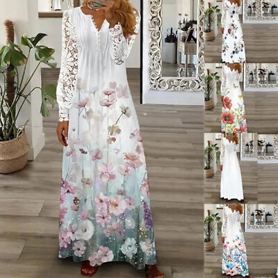 #ad Women Sundress Holiday Floral Maxi Dress Ladies Casual Lace Boho Dress Plus Size $22.49
