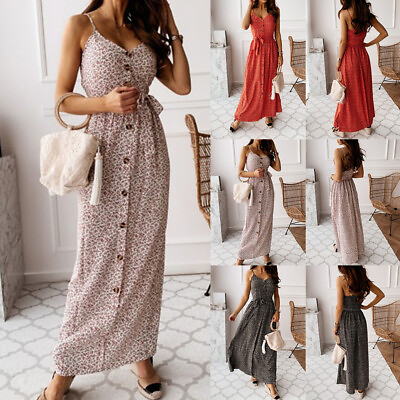#ad #ad Womens Floral Boho Strappy Maxi Long Dress Ladies Holiday Beach Summer Sundress $21.69