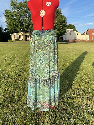 Green Paisley Tiered Floral Peasant Skirt Long S M Hippie Boho Fairycore $20.00