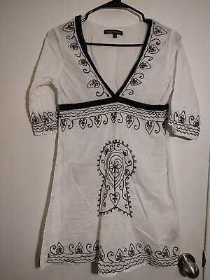 #ad Just Be Gauze Dress Swim Suit Cover Up Tunic Boho White Black Embroidered Sz S $12.00