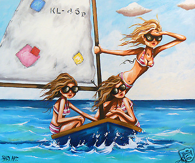 #ad beach surf girls bikini boat sailing seascape by andy baker art print AU $134.10