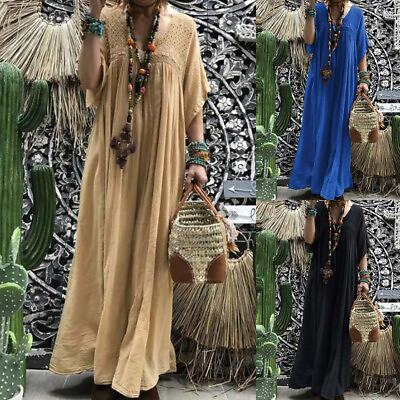 #ad Kaftan Womens Short Sleeve Solid Summer Long Maxi Dresses Holiday Beach Sundress $27.69