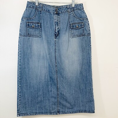 #ad LA Blues Long Denim Skirt 16W Pockets Blue Light Wash Front Zip 100% Cotton Boho $25.99