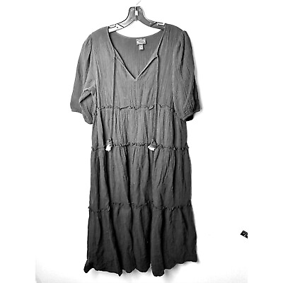 #ad Scoop Boho Tiered Short Sleeve Womens Midi Dress Medium Black $25.00