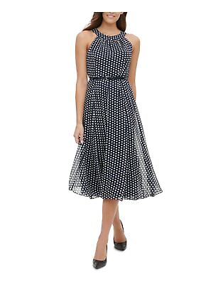 TOMMY HILFIGER Womens Navy Belted Polka Dot Halter Below The Knee Party Dress 10 $13.99