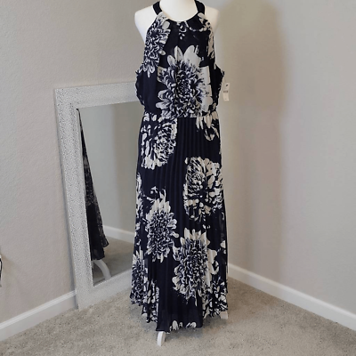 #ad Lane Bryant Navy Blue Floral Pleated Crepe Halter Maxi Dress Size 14 $39.00