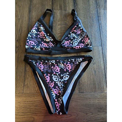 Womens Sz L High Cut Bikini Swimsuit Set Skull and Crossbones Black Pink $15.00
