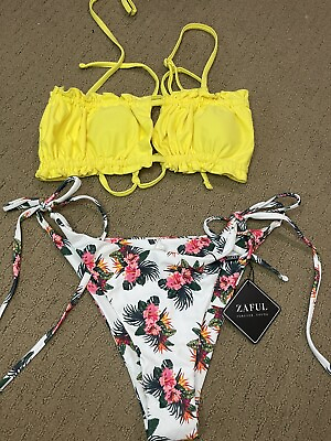 #ad ZAFUL Women#x27;s Strapless Bikini Ribbed Tie Back Ruffle Cutout Bandeau Bikini Set $11.99