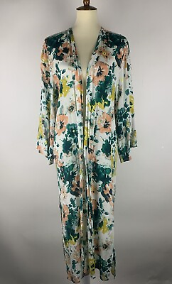 #ad Lucky Brand Womens Boho Long Cover up Size M Floral Multicolor 3 4 Sleeve Open $28.00