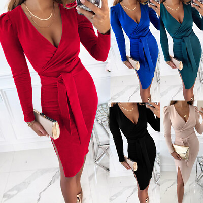 #ad #ad Women#x27;s Sexy V Neck Long Sleeve Bodycon Ladies Evening Cocktail Party Midi Dress $25.82