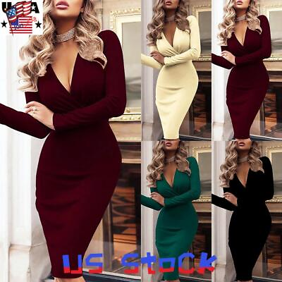 #ad #ad Women#x27;s Sexy V Neck Bodycon Ladies Long Sleeve Evening Cocktail Party Midi Dress $17.00