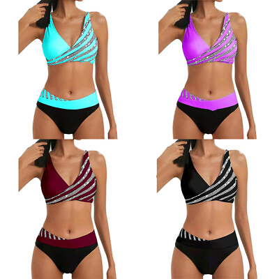 #ad Bikini Swimwear Women Striped Swimsuit Summer Beachwear PaddedSet $18.89