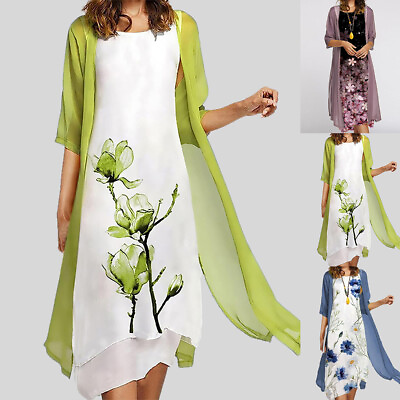 #ad 2PCS Dress Kimono Outfit Womens Boho Floral Summer Holiday Midi Sun Dress US $25.57