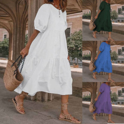 #ad Womens Dress Short Sleeve Casual Long Plus Summer Sundress Boho Crew Neck $28.41