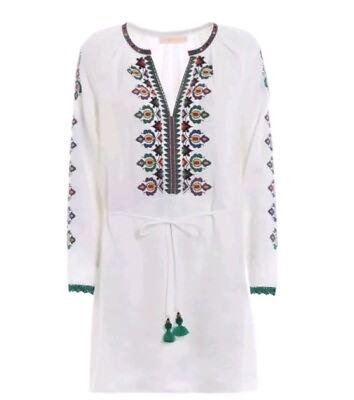 #ad Tory Burch Embroidered Summer Linen Mini White Boho Dress V Neck Womens Size M $225.00
