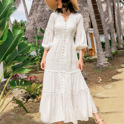 #ad Lantern Sleeve Cotton Splice Lace Dresses Women Vintage White V Neck Boho Dress $80.29