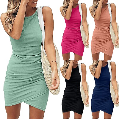 #ad Women#x27;s Casual Sleeveless Slim Ruched Dress Round Cute Dresses for Women Winter $15.03