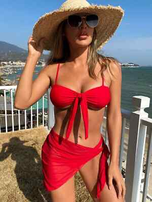 #ad Shein 3pc bikini swimsuit coverup skirt S M red thong knot front top nip sexy $17.50