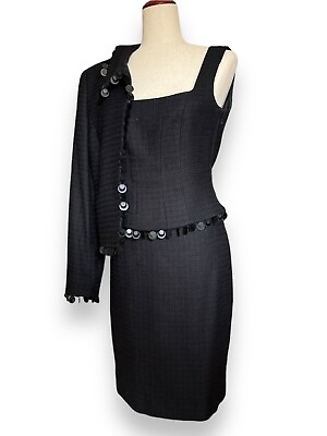 Escada 3 Piece Skirt Suit Black Tweed Sequined Trim Sz 38 EUC $265.00