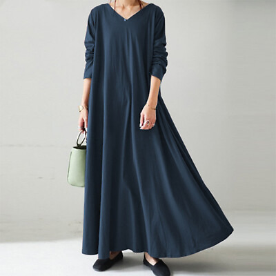 Ladies Loose Swing Sundress Womens Casual Long Sleeve Solid V Neck Maxi Dress $29.75