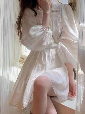 White Mini Dress Casual Long Sleeve Loose Elegant Fashion O Neck Vintage Dress $45.57