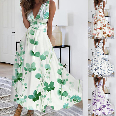 #ad Women Boho Floral Sleeveless Maxi Dress Ladies V Neck Beach Holiday Long Dresses $25.19