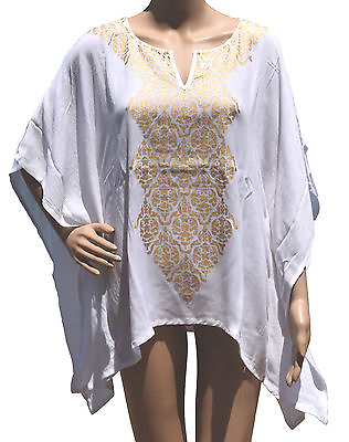 Womens Beach Cover Up Tunic White Metallic Gold Kimono Sleeve Free Size $16.07