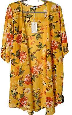 #ad Womens Large Beachy Caftan Cover Up Layering Piece Yellow Floral NEW $13.60