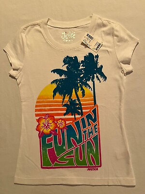 JUSTICE girls white t shirt top glitter Fun in the Sun palm tree flower size 7 $9.89