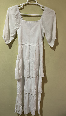 #ad J Gee Tiered White Smocked Top Boho Maxi Dress Short Sleeve Sz M Lined Rayon D7 $29.00