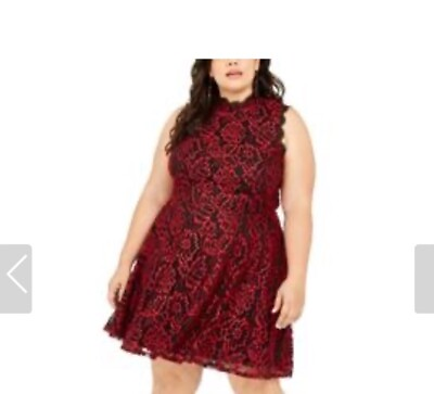 #ad City Studio Cocktail Dress Plus Size 24 Red Black Lace High Neck Fit and Flare $19.99
