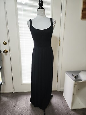 #ad Anne Taylor Loft Xs Black Maxi Smocked Womens Dress Stretch Jersey Knit Casual $11.99