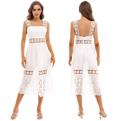 #ad Womens Hollow Guipure Lace Patchwork Dress Sleeveless Backless A line Boho Dress $23.49