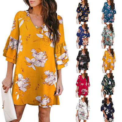 #ad Womens Summer Boho Floral Mini Dress Ruffle Flare Sleeve Loose Holiday Sundress $22.49