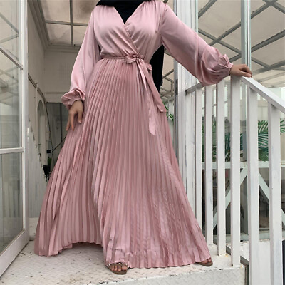 #ad Dubai Muslim Women Pleated Long Maxi Dress Abaya Kaftan Abayas Party Robe Gown $38.46