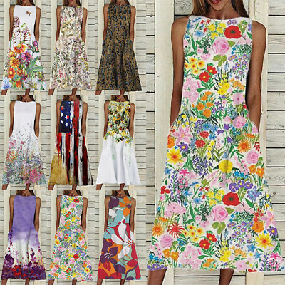 #ad Ladies Casual Floral Midi Dress Boho Beach Holiday Sleeveless Pockets Sundress $25.19